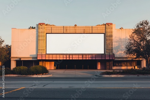 Abandoned cinema facade with blank billboard in soft evening light