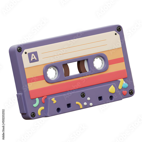Stylized 3d illustration of a retro cassette tape with colorful stripes on the label