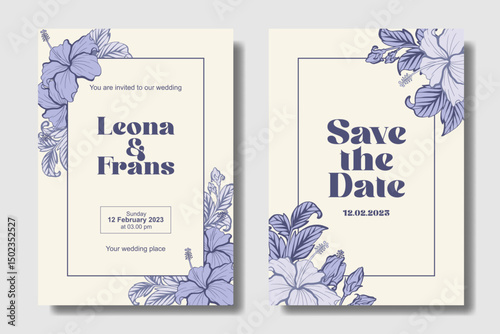 Hibiscus flower drawing, stylist and aesthetic wedding invitation design. Ivory Cream and Indigo Gray color theme