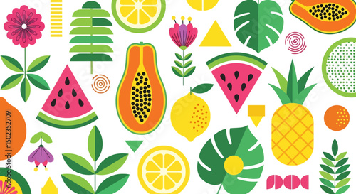 Geometric, Colorful and vibrant fruit graphic design featuring a variety of fresh fruits. Perfect for summer, healthy eating, and natural themes