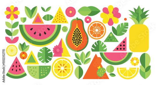 Geometric, Colorful and vibrant fruit graphic design featuring a variety of fresh fruits. Perfect for summer, healthy eating, and natural themes