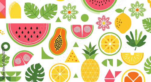 Geometric, Colorful and vibrant fruit graphic design featuring a variety of fresh fruits. Perfect for summer, healthy eating, and natural themes