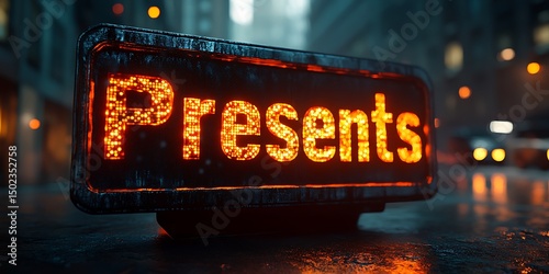 Illuminated sign displaying the word Presents in a city setting photo
