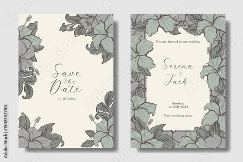 Hibiscus flower drawing, stylist and aesthetic wedding invitation design. Ash Gray, Ivory Cream, and Charcoal color theme