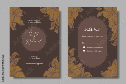 Hibiscus flower drawing, stylist and aesthetic wedding invitation design. Dark Chocolate, Rose Ebony, Bronze color theme