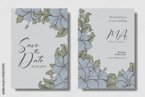 Hibiscus flower drawing, stylist and aesthetic wedding invitation design. Dim Gray, Cadet Blue, and Sage Green color theme
