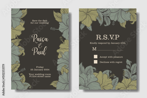 Hibiscus flower drawing, stylist and aesthetic wedding invitation design. Dark Charcoal, Moss Green, and Khaki color theme