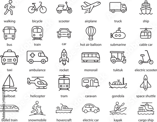 Transportation Icons Vector: Set of Outline Vehicle Symbols.