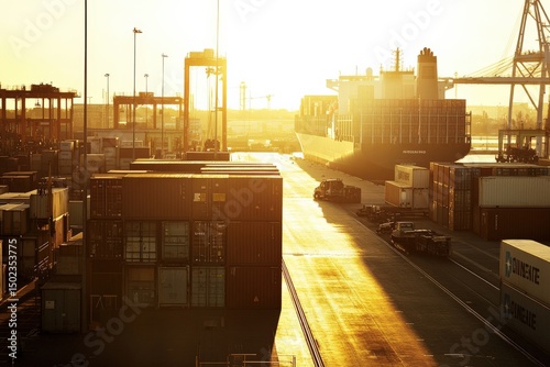 Sunset over shipping yard with container ship and crane silhouettes
