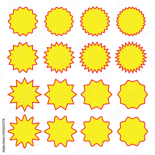Sunburst sticker shapes. Rounded starburst zigzag badge, spiky oval, circle and star shaped price tag, discount and sale label stickers. Jagged silhouettes vector set. Eps 10.