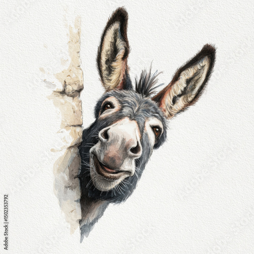 Cute smiling donkey peeks out from behind wall in this charming watercolor illustration, capturing playful and joyful expression