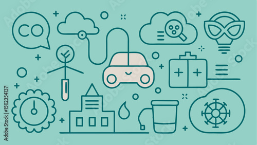 Air Pollution Icon Set in Stroke Style Featuring Factory Emissions and Environmental Symbols Ideal for Climate Change Awareness and Eco Campaign Graphics
