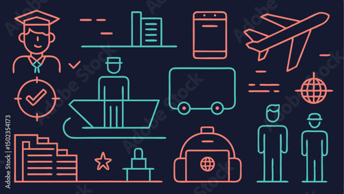 Editable Stroke Icons for Airport and Air Travel Concepts Featuring Planes and Travel Infrastructure Ideal for Travel Agencies and Transportation Dashboards