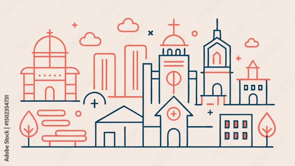 Fototapeta premium Buildings line icons collection showcasing office buildings, hotels, and real estate elements in a clean and modern line style
