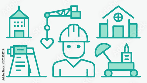 Build and construction stroke icon set featuring construction-related icons, tools, and equipment, ideal for digital design