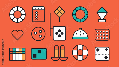 Beautifully crafted stroke icons related to casino activities such as bingo dice and playing cards excellent for game developers and entertainment platforms