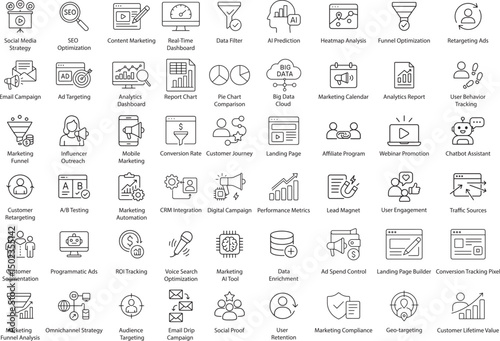 Marketing Icons Vector Set: SEO, Analytics, and Digital Strategy