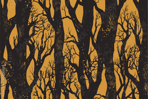 A woodcut print of a dense forest, in shades of mustard and brown. Forest pattern for outdoor activities. Nature, forest.