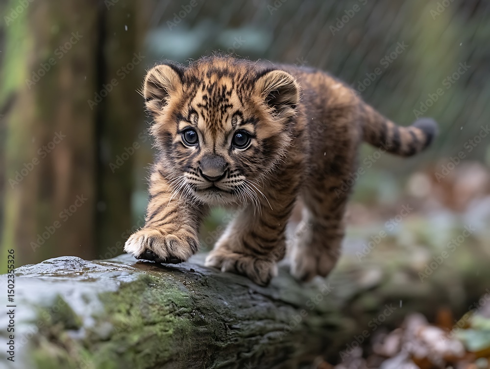 Fototapeta premium Adorable baby tiger cub on log