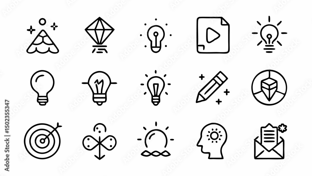 Creativity icon collection featuring 16 editable line icons symbolizing innovation, brainstorming, imagination, and artistic tools for designers and educators.
