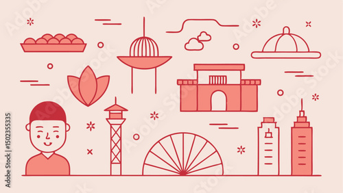 Singapore-themed icon collection with stroke icons representing the city-state's unique features, including buildings, food, and cultural identity for visual use.