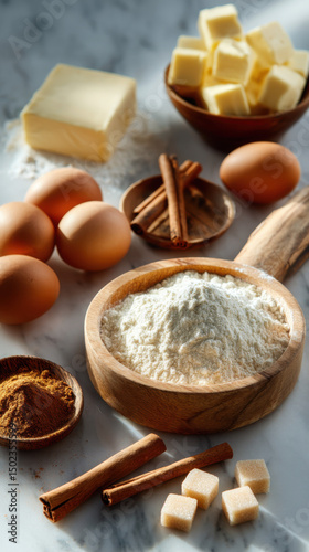 A beautifully arranged set of baking ingredients on a marble surface, including flour in a wooden bowl, cracked eggs, butter cubes, sugar, and cinnamon sticks with soft natural. photo