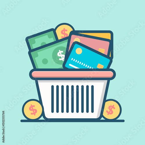 Overflowing shopping basket brimming with cash cartoon flat design illustration