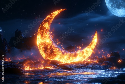 Fiery crescent moon over a rocky shore at night