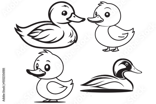 Cute cartoon duck with ducklings in nature illustration