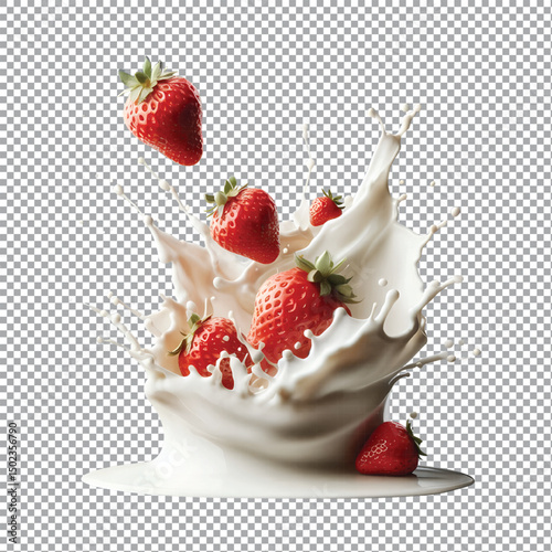 Strawberries and cream with splashing milk or fruit yogurt splashing isolated on transparent background.