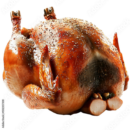 Roasted whole chicken with golden brown crispy seasoned skin PNG On Transparent Background photo
