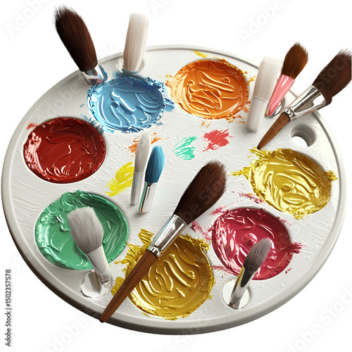 Artist palette with colorful paints and multiple brush tools PNG On Transparent Background photo