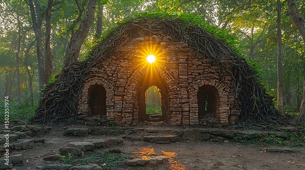 Fototapeta premium Ancient brick building entwined by natures embrace