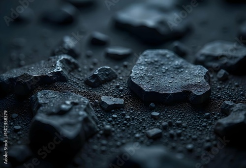 Macro shot of rugged black basalt surface, weathered texture with fine white dust accents, uneven and tactile grunge look, realistic depth and lighting, isolated with negative space on one side