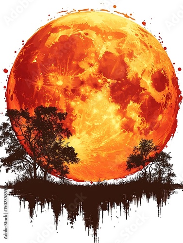 Fiery moon over trees