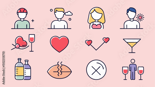 Clean stroke icons focused on dating themes featuring romantic messages, profiles, heart symbols, and connection-focused visual elements