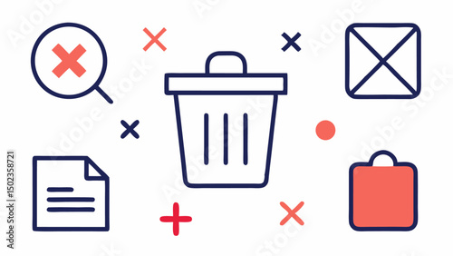 Delete icon stroke collection featuring trash bins, removal signs, and cleanup tools for user interface design and file management illustrations