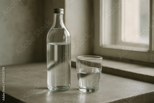 Wallpaper Mural Clear glass bottle and filled glass by sunlit window on concrete surface Torontodigital.ca