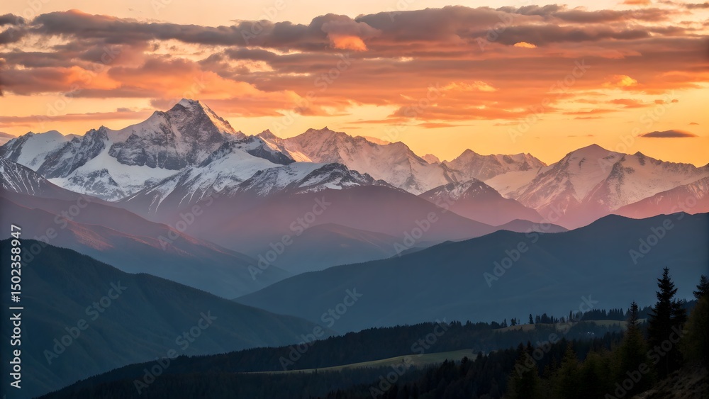 Fototapeta premium Golden hues cast over a tranquil mountain range at sunset, capturing the peaceful transition of day to night.