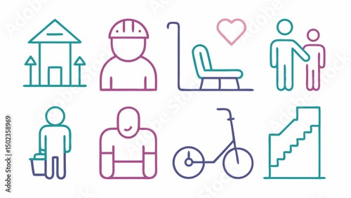 Disability stroke icon pack featuring wheelchairs and accessibility tools, ideal for inclusive UX designs, assistive tech platforms, and disability-focused web graphics