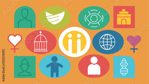 Diversity and inclusion icon set representing culture, equality, and languages, ideal for human resources, inclusive marketing visuals, and educational equity campaigns