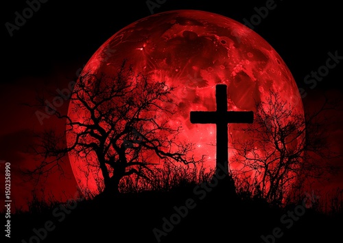 Red moon over a graveyard