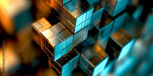 Abstract metallic cube structures with blue and orange tones illustrating futuristic concepts of technology and digital connections