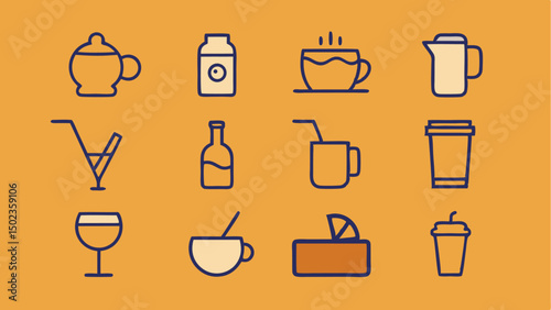 Beverage stroke icon set for cafes, bars, and drink-related services, perfect for use in drink menus, event promotions, and hospitality industry user interfaces