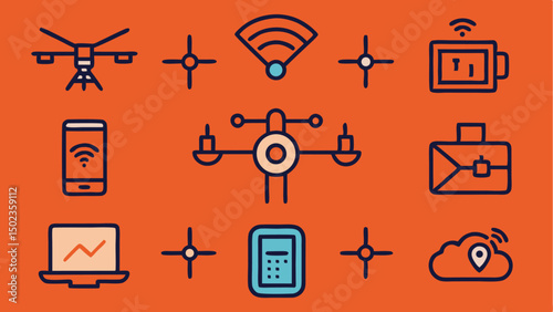 Drone stroke icon pack with aerial tech symbols, batteries, and navigation, perfect for drone services, delivery platforms, and high-tech product interface visuals