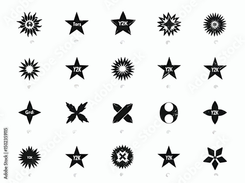 Collection of Y2K Style Black Geometric Graphic Elements on White Background.