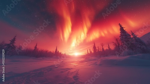 Aurora illuminates frozen snowy wilderness scene