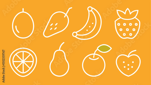 Vibrant fruit stroke icons including apples and bananas designed for health-focused apps, fresh produce labels, or nutrition education materials with clear lines