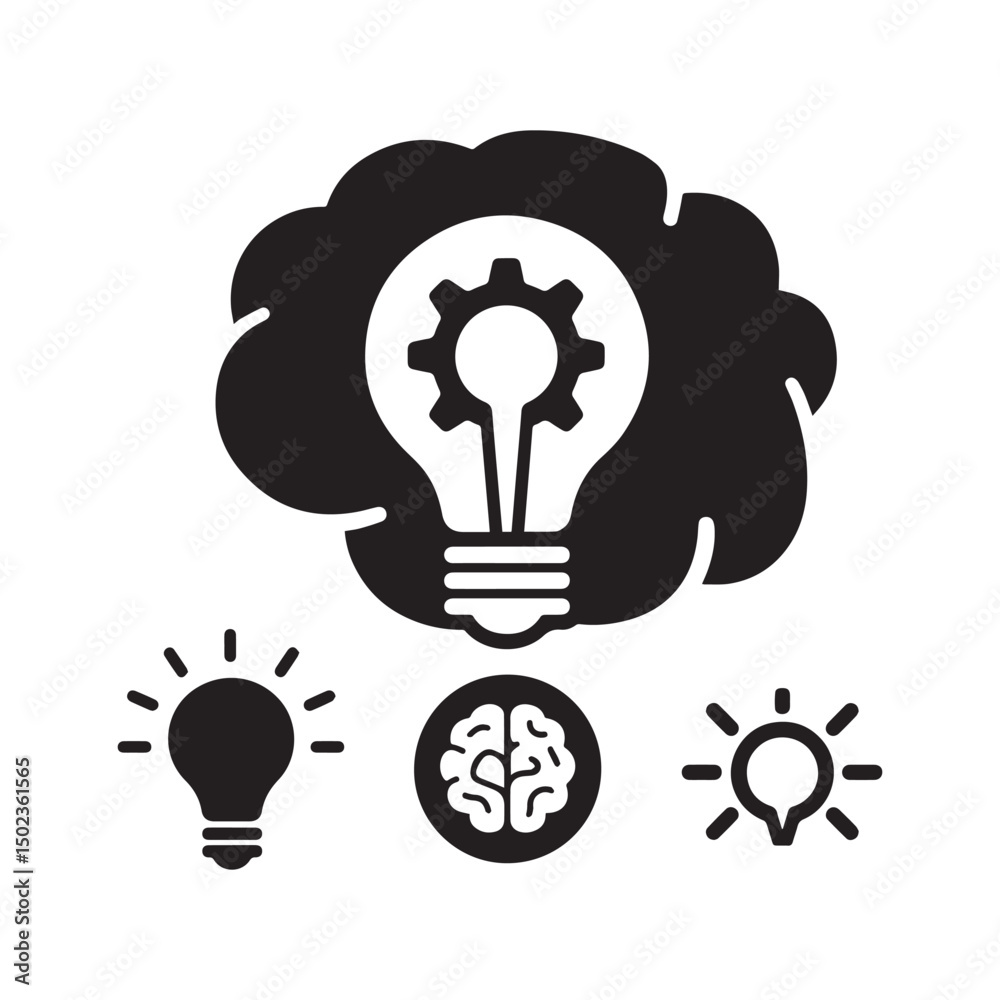Innovation and Inspiration Icon Set Light Bulb with Cog and Brain Silhouettes on White Background Vector Illustration. Innovation and Inspiration Icon Set Light Bulb with Cog and Brain Silhouettes on White Background Vector Illustration.