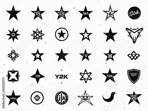Diverse Collection of Black and White Grunge Star and Symbol Vector Designs.